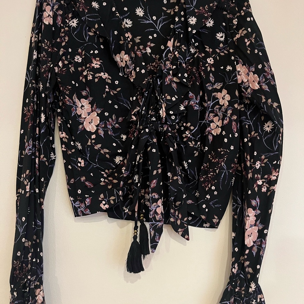 Kivari Floral Black Cropped Blouse with Tie Front